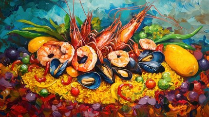 Colorful Paella Painting, Vibrant Seafood, Artistic Still Life, Food Art, Tabletop Display