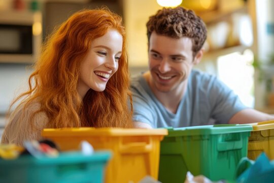 A happy couple sorting recyclables together, showcasing sustainable living and environmental consciousness.