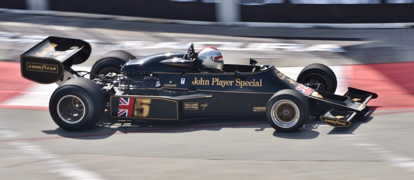 Long Beach, CA - April 15, 2023: The Lotus 77 (John Player Special) at the Long Beach Grand Prix, driven by Mario Andretti in the 1976 F1 season.