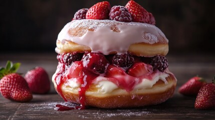 Stacked donut with berries and frosting on wooden surface