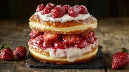 Stacked Strawberry Donut Dessert on Wooden Table