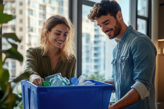 A happy couple sorts recyclable materials into a blue bin, promoting environmental responsibility and sustainable living.