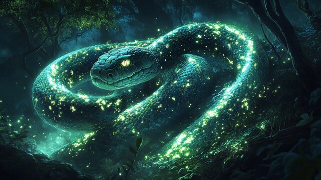 Luminous Serpent Coiled In A Dark Forest