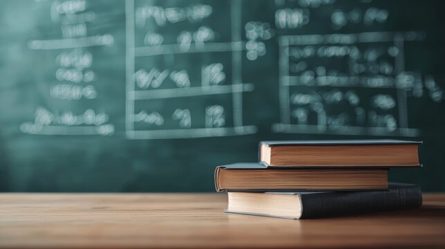An academic setting featuring an old wooden desk with a stack of textbooks a chalkboard and other traditional classroom elements