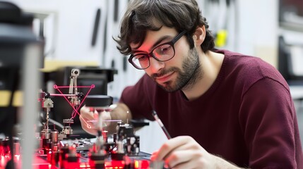 Focused scientist calibrating advanced optical equipment in laboratory