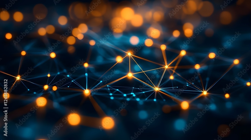 Poster abstract representation of interconnected nodes and lines with glowing orange and blue lights