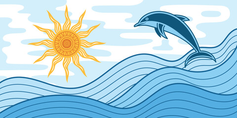 Vector drawing of sea waves and the sun, stylized seascape, dolphin, cartoon illustration