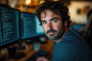 A focused programmer intently works on code displayed across dual monitors, showcasing dedication and expertise.