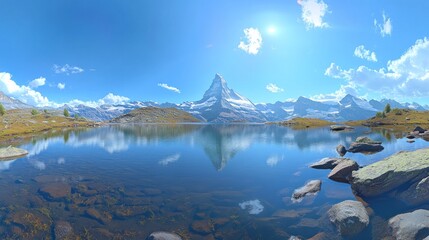 Alpine Lake Reflecting Mountain Peak, Sunny Day, Scenic View