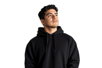 Handsome man wearing black hoodie and looking up, isolated on transparent background
