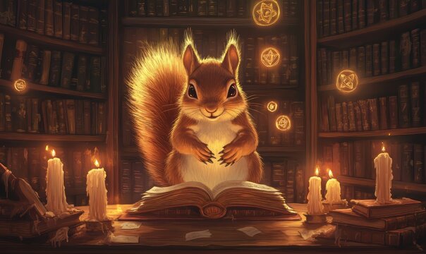 Magical Squirrel Reading in a Cozy Library