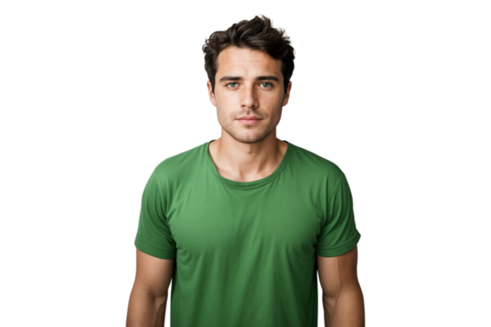 Portrait of a handsome young man in casual green t-shirt, isolated on white background