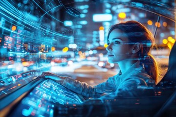 Woman driving futuristic car with holographic interface displaying city data at night.