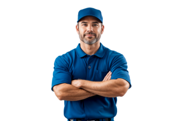 Portrait of a senior construction engineer worker wearing a hat with arms crossed, isolated on transparent backgorund