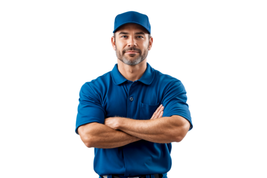 Portrait of a senior construction engineer worker wearing a hat with arms crossed, isolated on transparent backgorund
