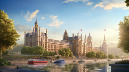 Obraz premium Majestic Riverscape of Historical Parliament Building