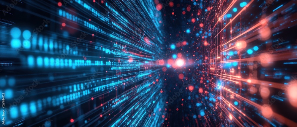 Poster a vibrant abstract representation of digital data transmission with glowing blue and red particles c
