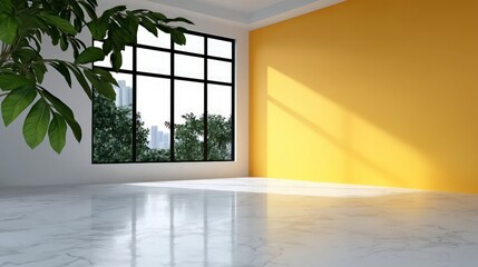 Fototapeta premium Bright Modern Empty Room with Yellow Wall and City View