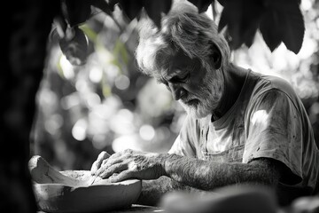 An elderly potter meticulously shapes clay, showcasing years of experience and dedication to his craft.