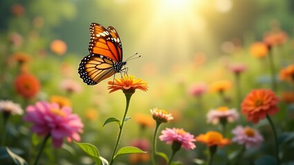 A butterfly flies over a garden, creating a delicate and enchanting atmosphere. The vibrant colors and graceful movements celebrate the beauty of butterflies and the importance of pollinators.