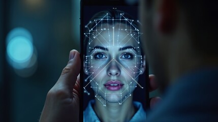 Technology demonstrates facial recognition software on a smartphone featuring a woman’s face with digital overlays at night