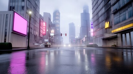 A cyberpunk-inspired futuristic city with towering skyscrapers, glowing neon signs
