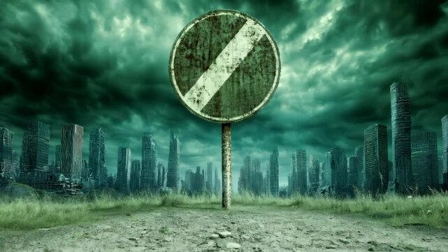 Rusty Speed Limit Sign In A Desolate Post Apocalyptic Cityscape, Keywords speed