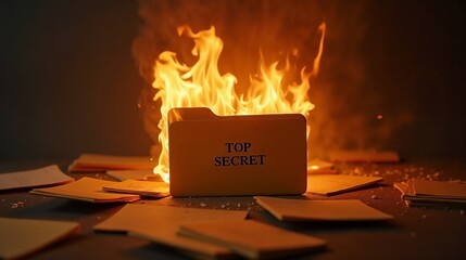 Flames engulf a top secret folder among scattered documents in a dimly lit room showcasing a dramatic and intense moment of destruction