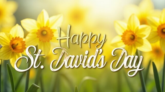 Celebrating St. David's Day with blooming daffodils and cheerful wishes in a vibrant garden scene