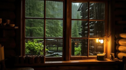 cozy wood frame window rain