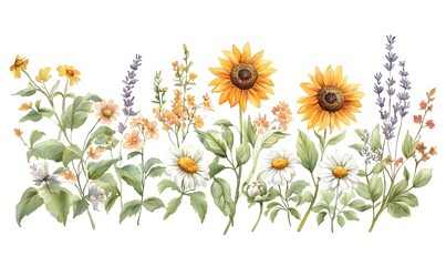Fototapeta premium watercolour floral borders, sunflowers, wildflowers, lavender, daisies, leaves, Generative AI