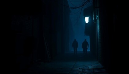 Mysterious Night Stroll: Two Figures in a Foggy Alley