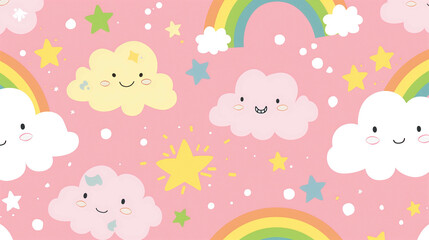 Cute Kawaii Cloud and Rainbow Pattern with Stars on Pink Background