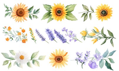 watercolour floral borders, sunflowers, wildflowers, lavender, daisies, leaves, Generative AI