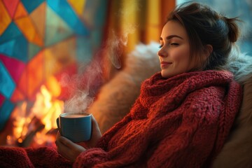 Woman enjoying a warm drink by a fireplace, cozy winter scene.