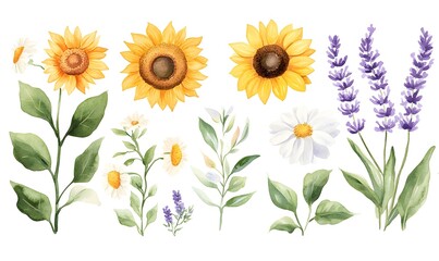 watercolour floral borders, sunflowers, wildflowers, lavender, daisies, leaves, Generative AI