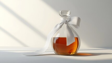Decorative Glass Bottle with White Ribbon on White Background