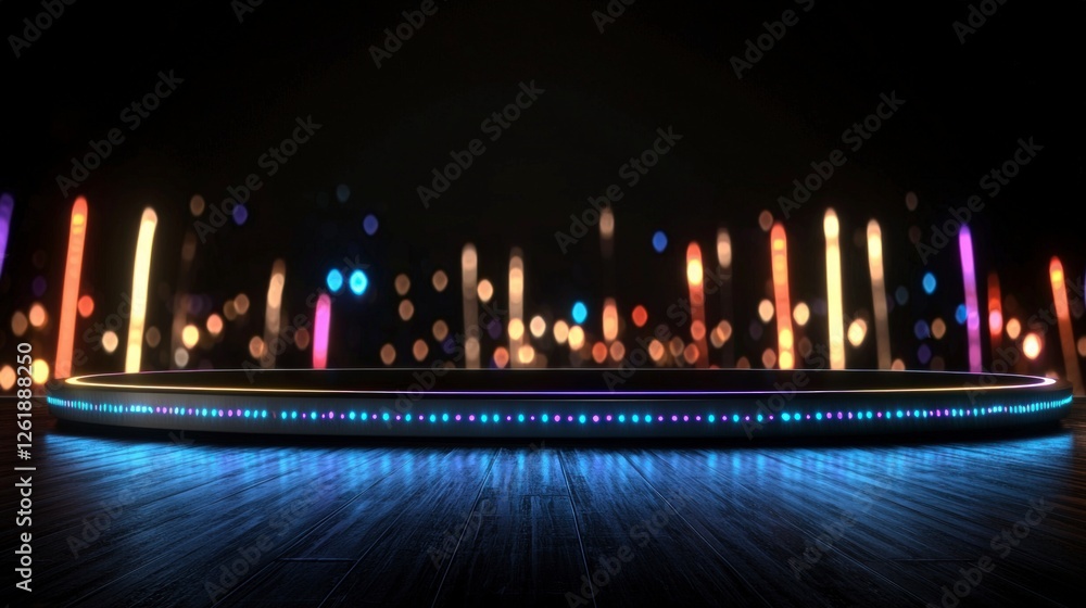 Poster circular stage with colorful bokeh lights and dark background