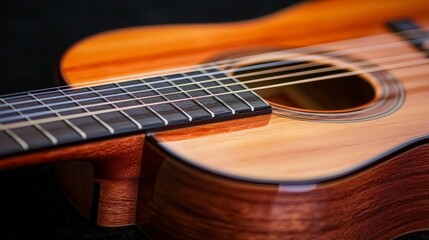 Close-Up of a Brown Acoustic Guitar with Polished Wood and Strings