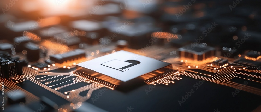 Poster close up of a circuit board with a glowing microchip