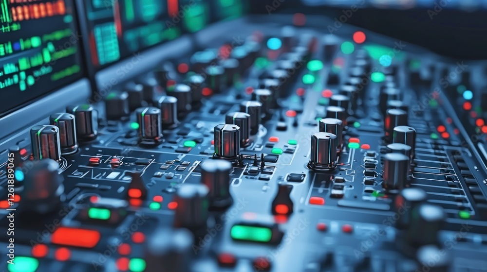 Poster close up of a complex metallic control panel with red and green indicator lights