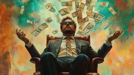 Man sitting in chair with money falling from head digital art representation of wealth mindset
