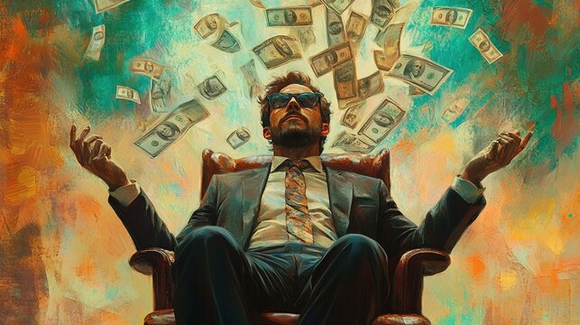 Man sitting in chair with money falling from head digital art representation of wealth mindset
