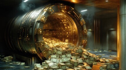 Large pile of money and bank vault full of cash in digital art illustration