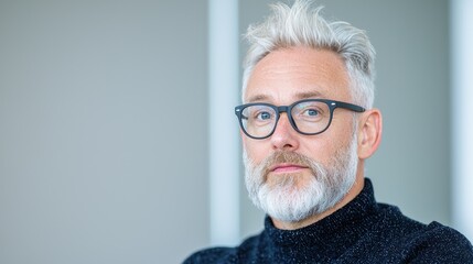 Mature man with glasses and beard, serious expression, neutral background. Possible use in business, career, or personal development image