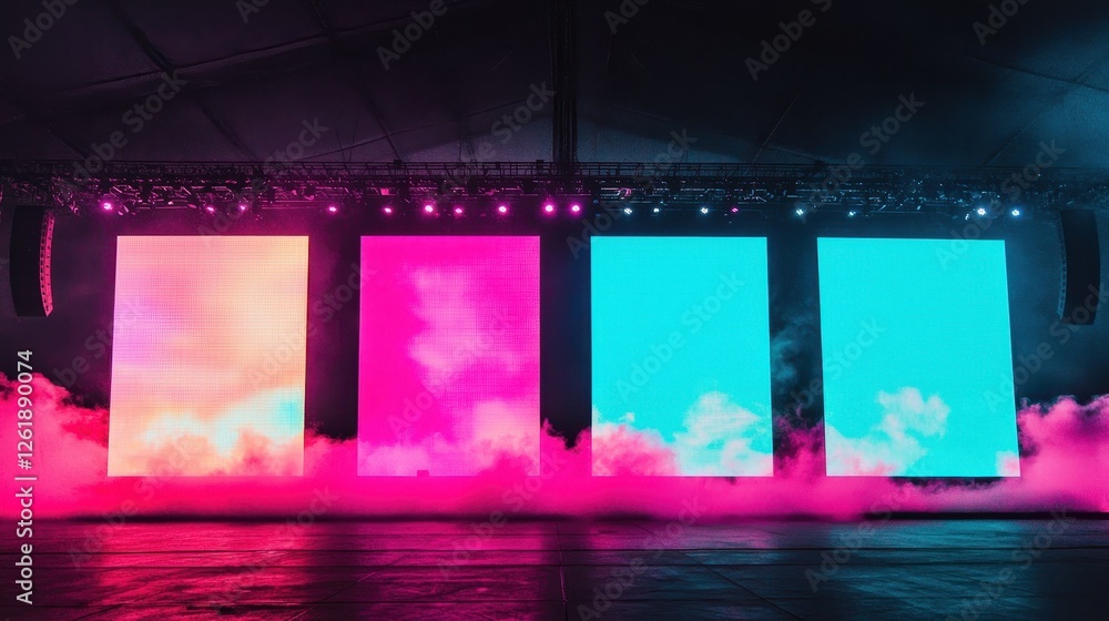 Poster the image features vibrant illuminated screens in pink and blue, surrounded by fog, creating a dynam