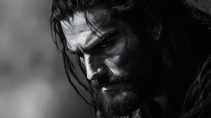 Intense monochrome portrait dramatic lighting reveals weathered face strong man. AI Generated