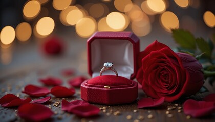 Golden wedding rings in a gift box on red velvet with a decorative ribbon and roses