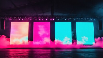 Fototapeta premium The image features vibrant illuminated screens in pink and blue, surrounded by fog, creating a dynamic and colorful atmosphere.