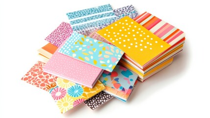 Obraz premium A collection of artistic office stationery including patterned sticky notes, isolated on white,